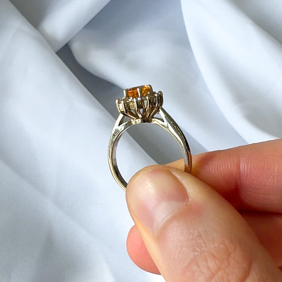 Orange Sapphire and Diamond Halo Ring