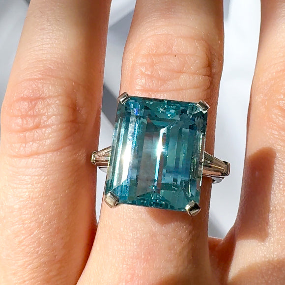 Aquamarine Platinum Ring with Diamond Baguettes