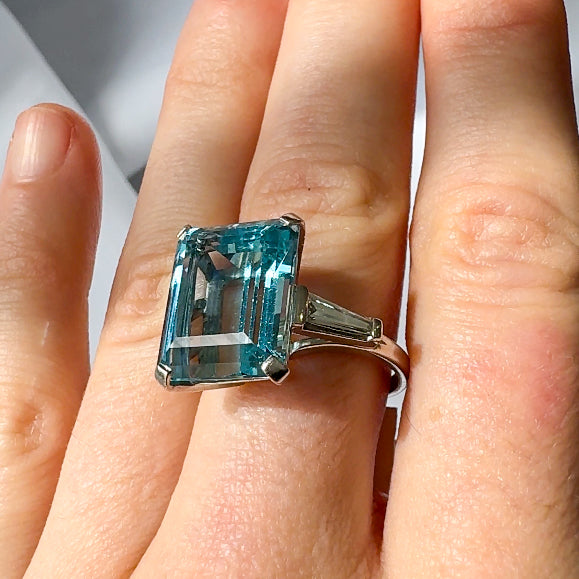 Aquamarine Platinum Ring with Diamond Baguettes