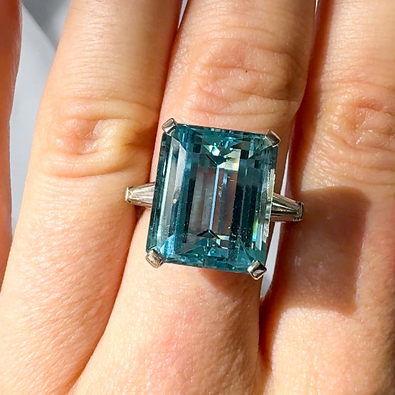 Aquamarine Platinum Ring with Diamond Baguettes