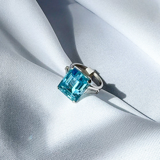 Aquamarine Platinum Ring with Diamond Baguettes