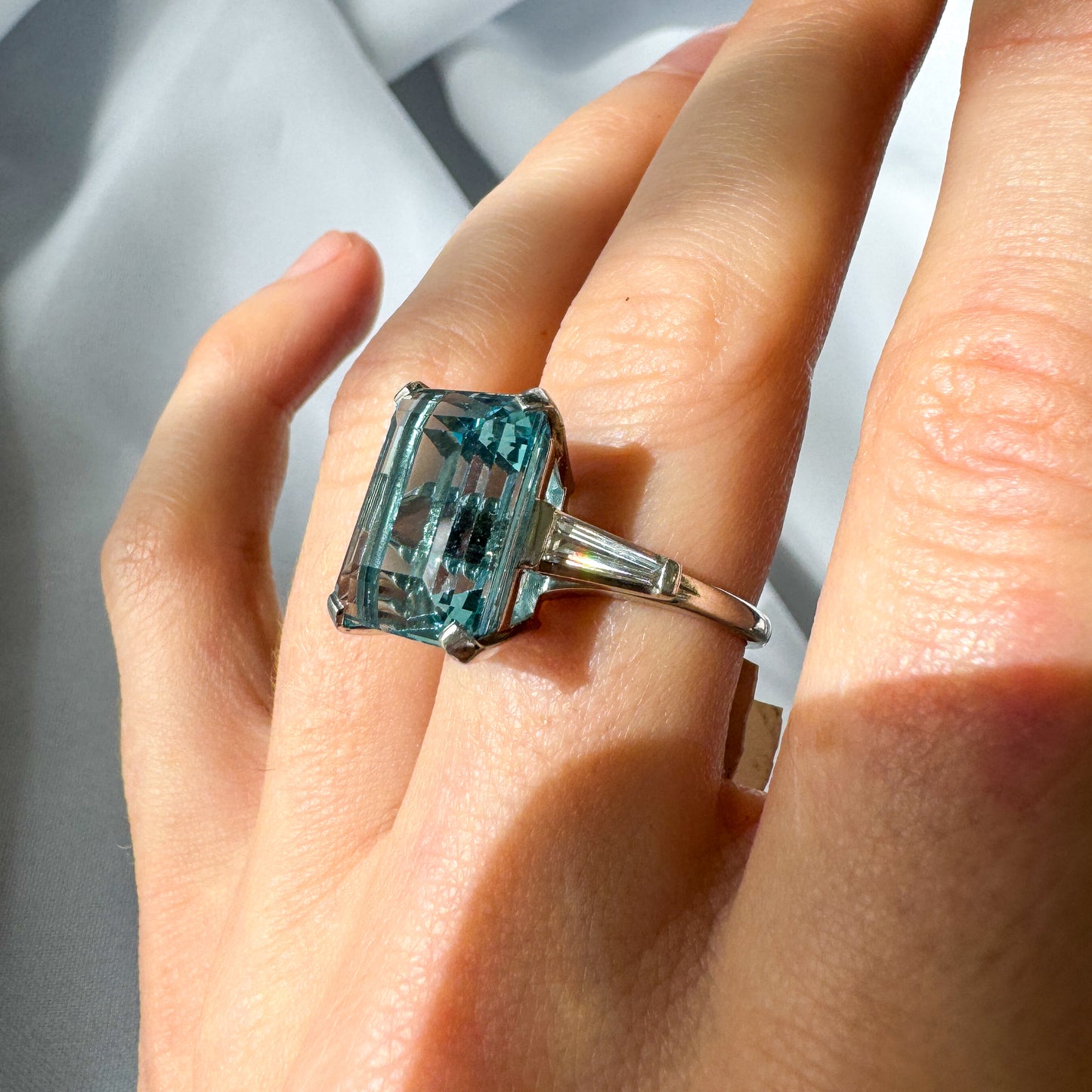 Aquamarine Platinum Ring with Diamond Baguettes