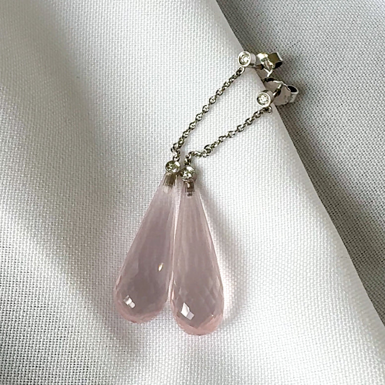 Long Rose Quartz Briolette Drop Earrings