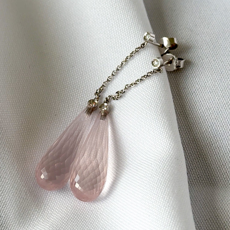 Long Rose Quartz Briolette Drop Earrings