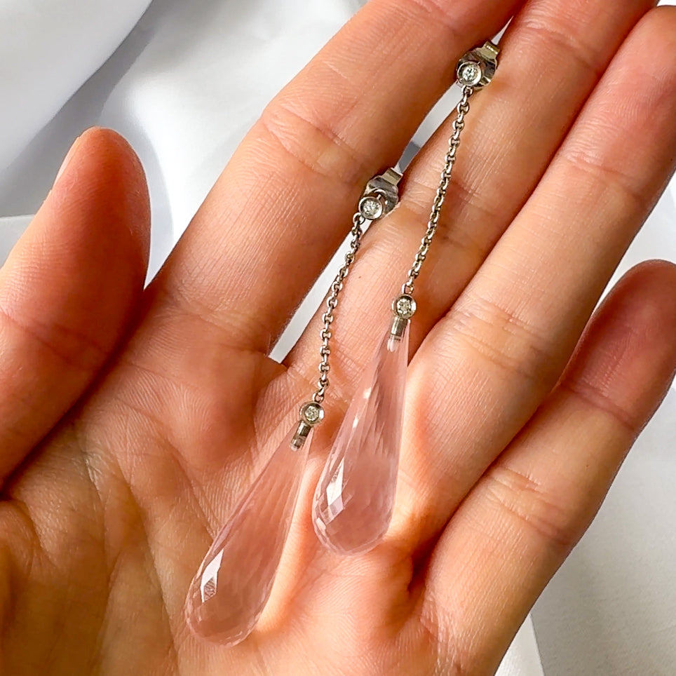 Long Rose Quartz Briolette Drop Earrings