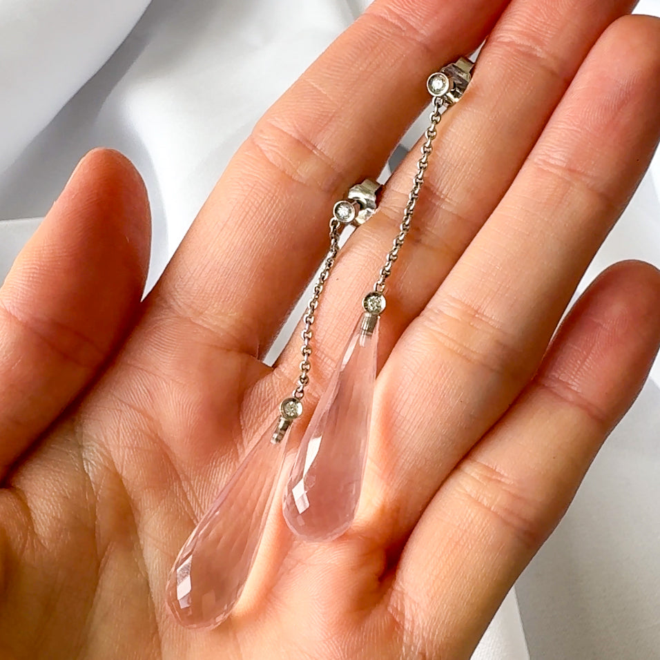 Long Rose Quartz Briolette Drop Earrings