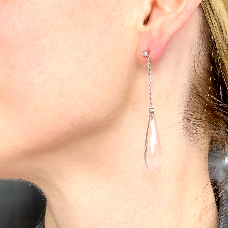 Long Rose Quartz Briolette Drop Earrings