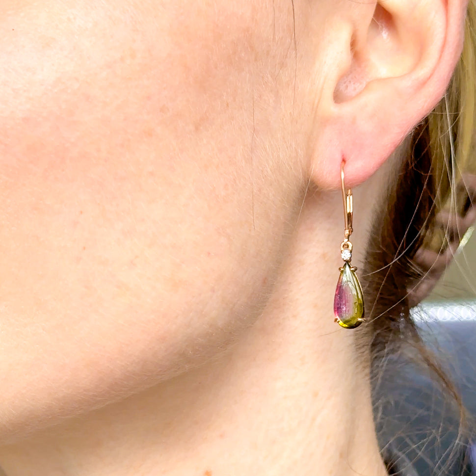 Watermelon Tourmaline and Diamond Drop Earrings