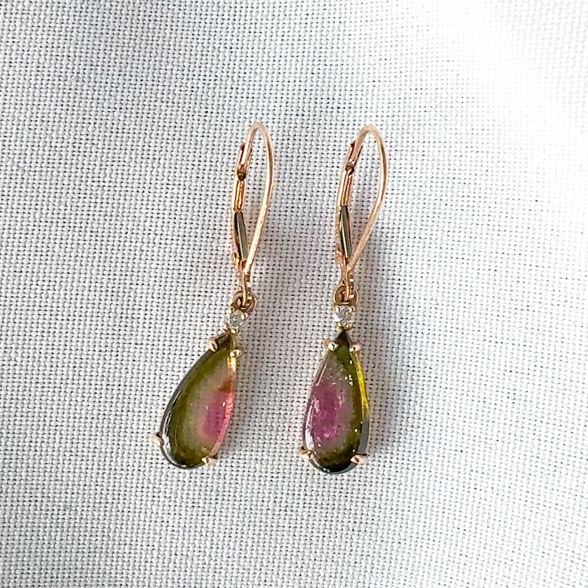 Watermelon Tourmaline and Diamond Drop Earrings