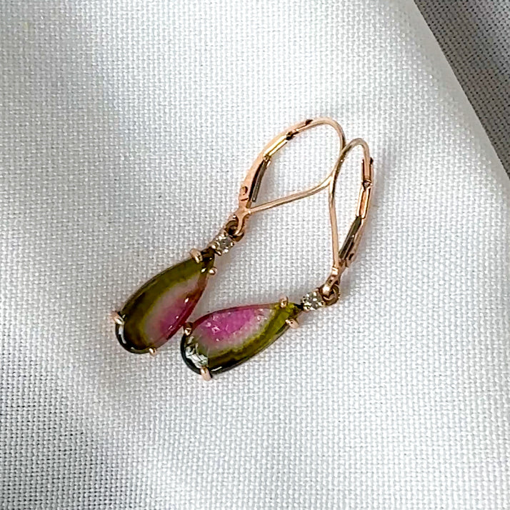Watermelon Tourmaline and Diamond Drop Earrings