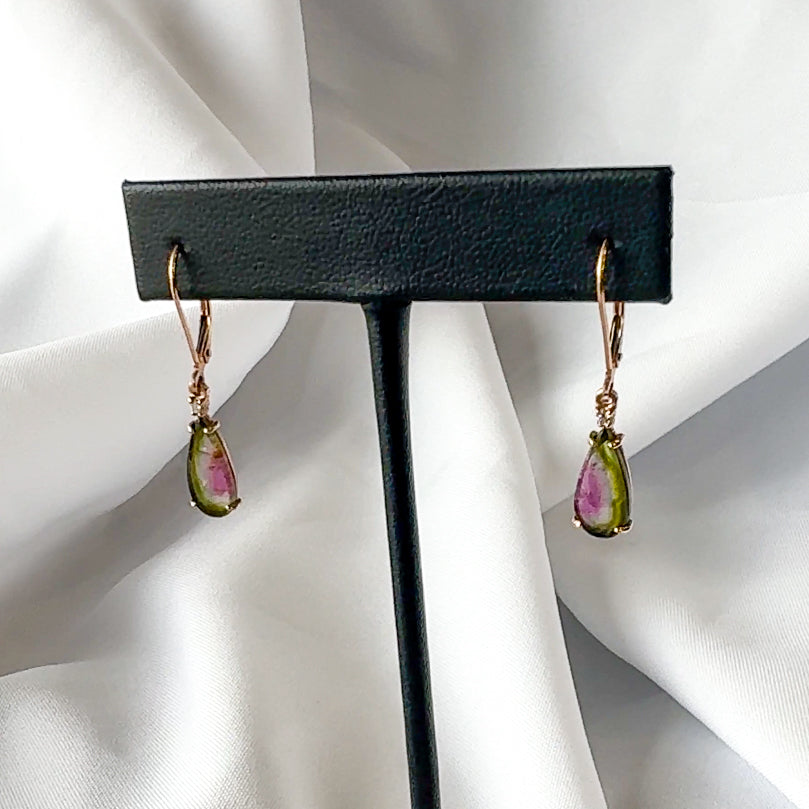 Watermelon Tourmaline and Diamond Drop Earrings