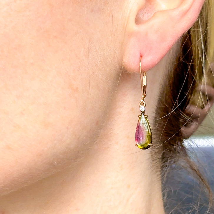 Watermelon Tourmaline and Diamond Drop Earrings