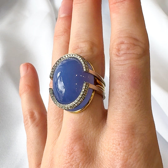 Chalcedony Cabochon and Diamond Ring
