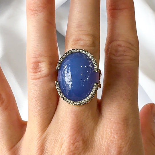 Chalcedony Cabochon and Diamond Ring