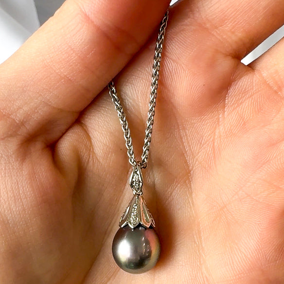 Tahitian Black Pearl and Pave Diamond Pendant