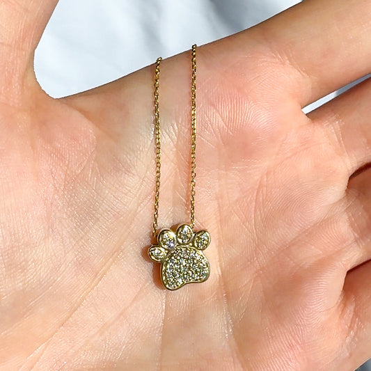 14k Gold and Diamond Paw Print Necklace